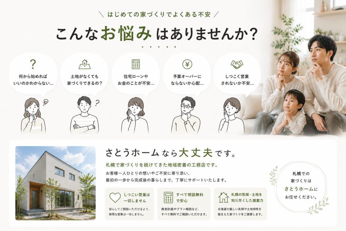 札幌で家づくりを考える方へ向けた不安解消イメージ。住宅ローンや土地探し、予算など注文住宅の悩みを相談できるさとうホームの案内